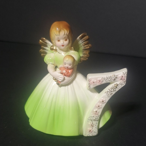 Josef Originals Green and Gold Angel Figurine with Number 7 - Picture 1 of 5
